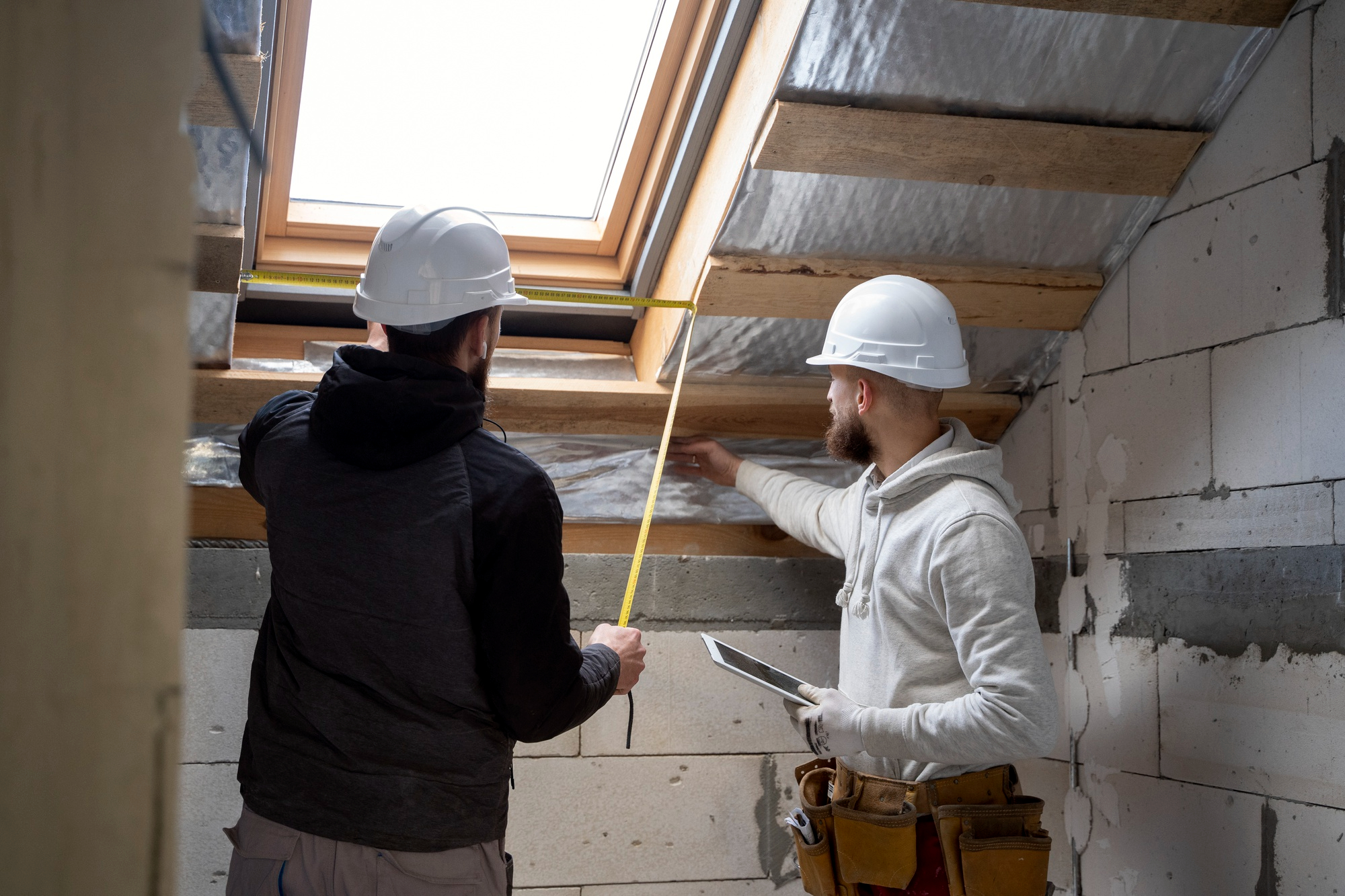 Travaux d’isolation intérieure Deux ouvriers en tenue de chantier réalisent la mesure d’un espace sous toiture dans le cadre d’une isolation intérieure.