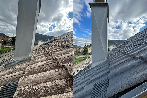 Comparaison avant/après d’un nettoyage de toiture avec traitement antimousse et hydrofuge.
