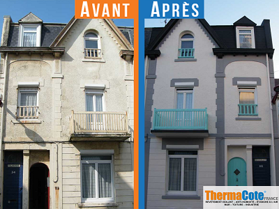 Avant/Après rénovation de façade avec ThermaCote Façade de maison rénovée avec ThermaCote : comparaison avant et après application du revêtement isolant.