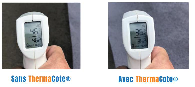 Température de surface avec et sans ThermaCote Comparaison de température au thermomètre infrarouge sur une surface sans ThermaCote (46,1°C) et avec ThermaCote (36,2°C).
